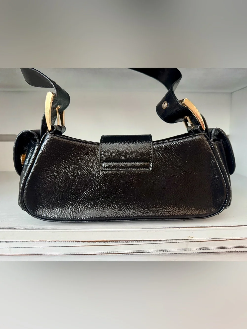 Manc Aurora Micro Black Gold Glossy Calf‎ Leather Shoulder Purse